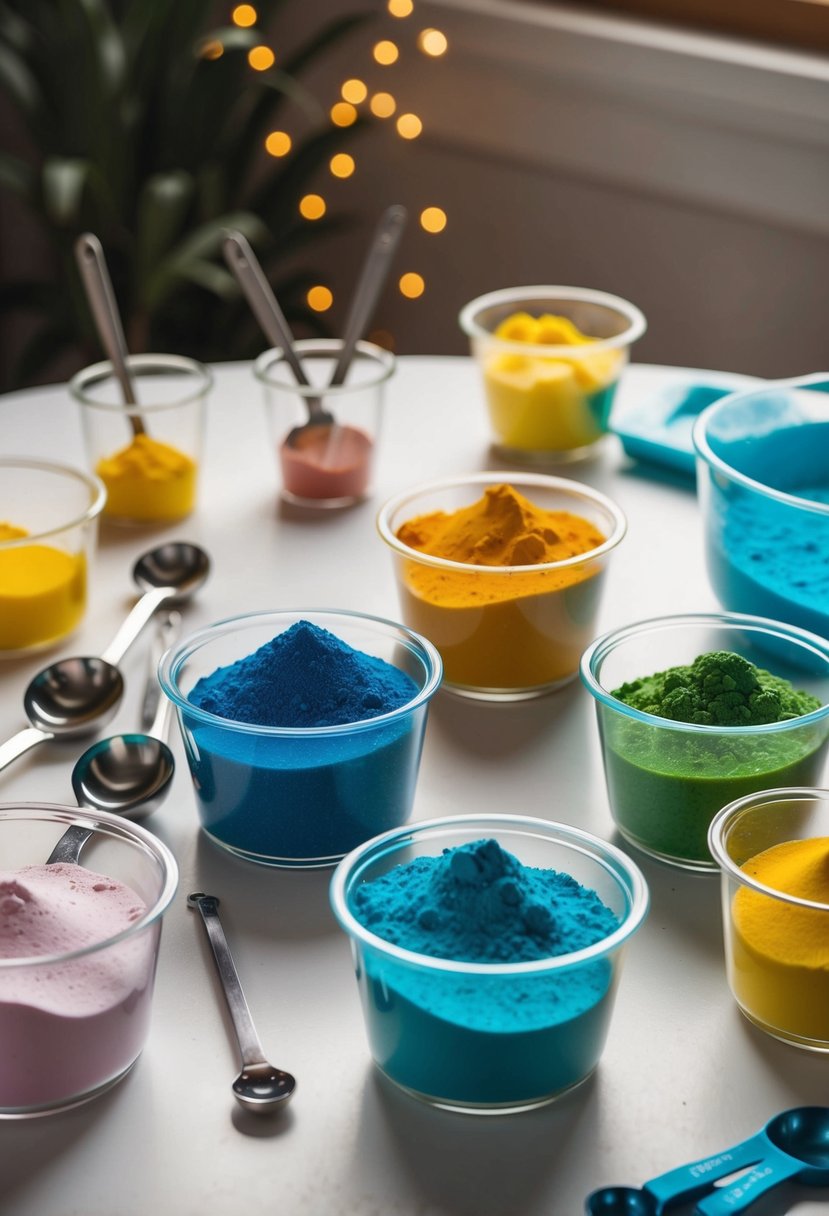 A table with various containers of colored sand and cornstarch, along with measuring spoons and mixing tools