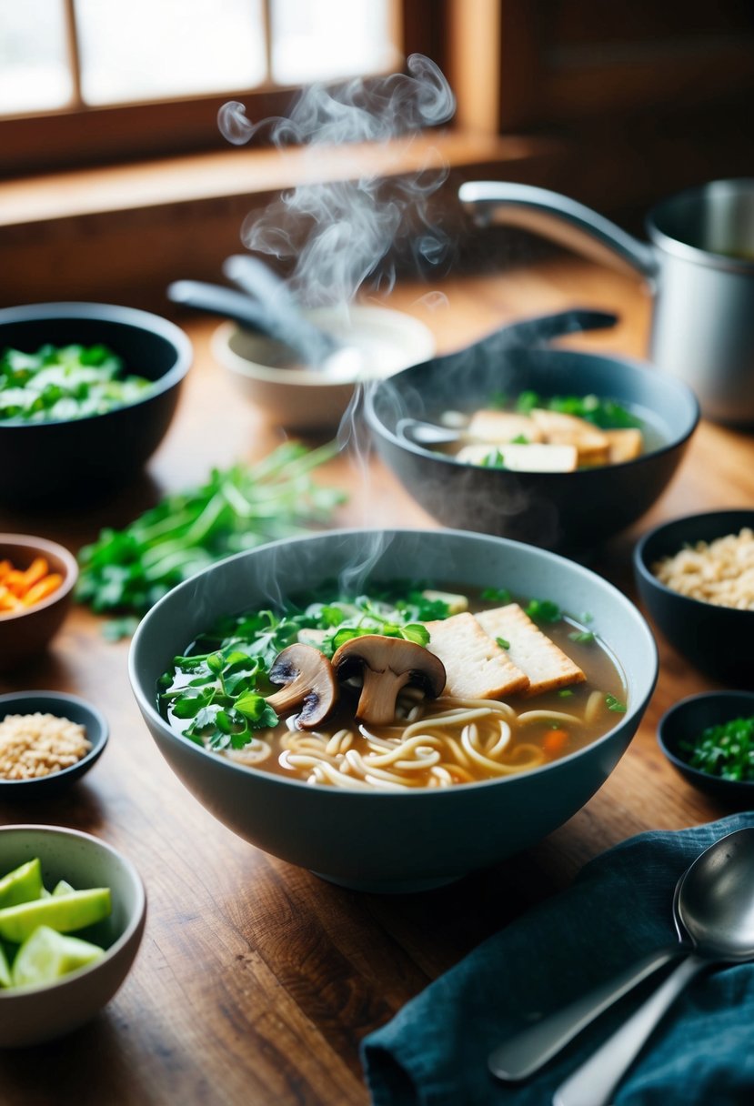 A steaming bowl of mushroom tofu ramen surrounded by fresh ingredients and cooking utensils on a wooden kitchen counter