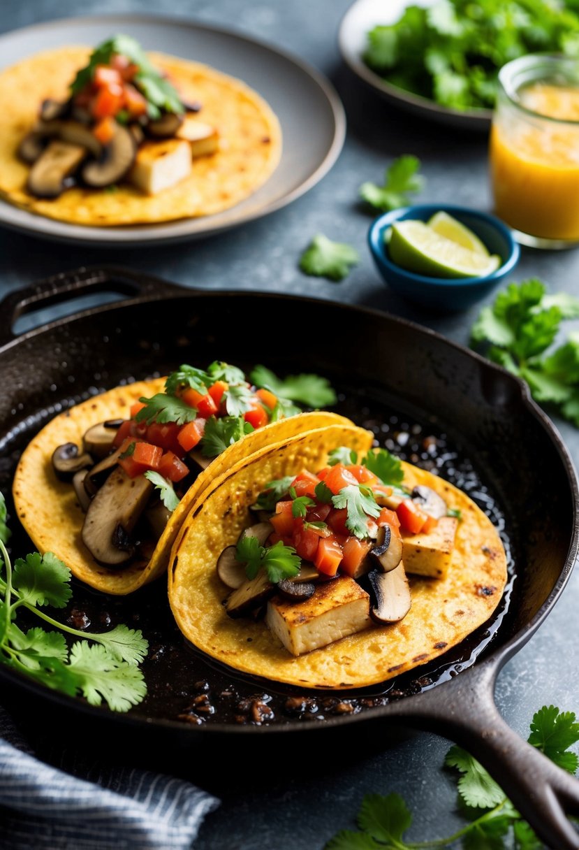 A sizzling skillet of mushroom and tofu tacos, topped with vibrant salsa and fresh cilantro, ready to be served