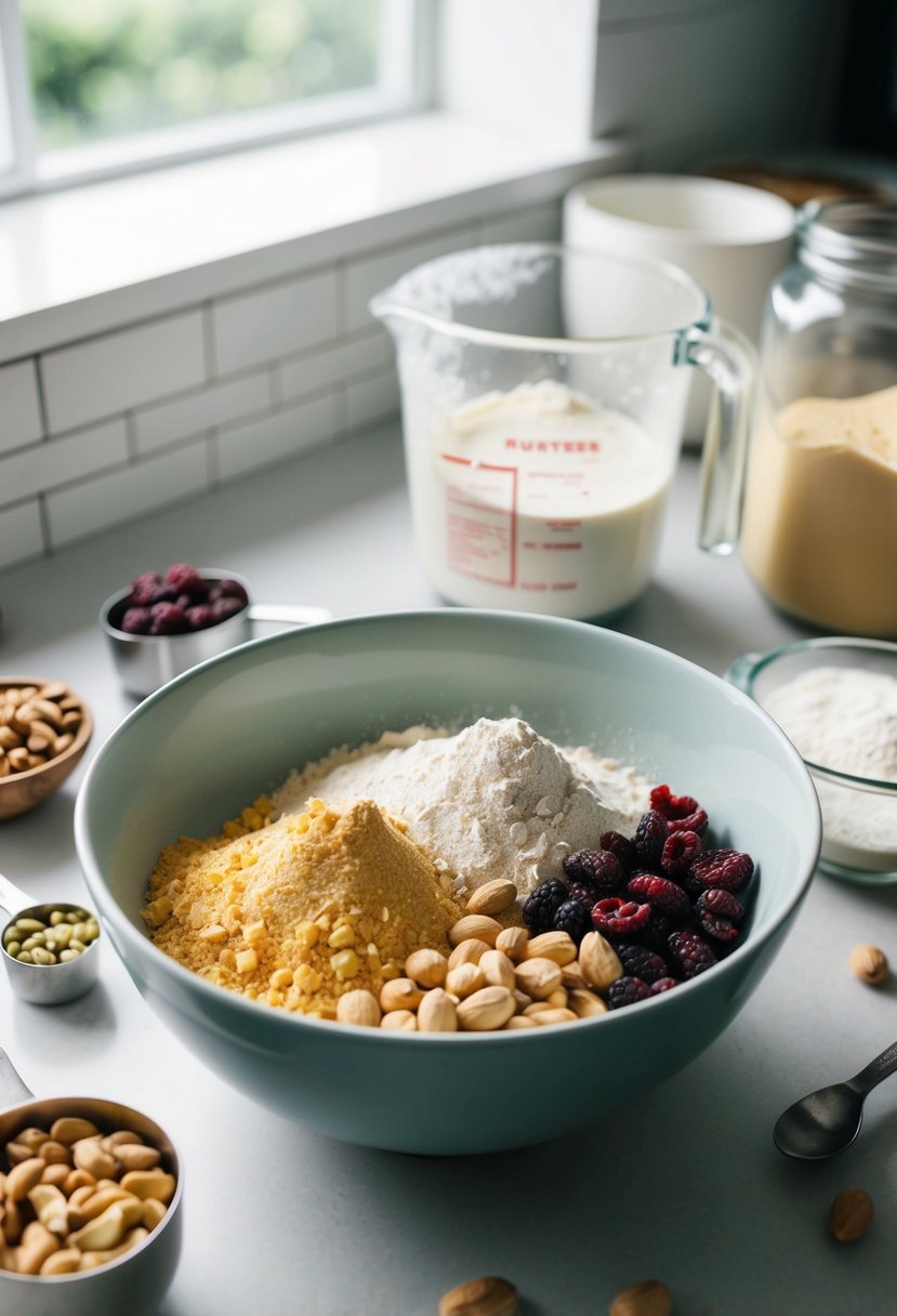 A kitchen counter with a mixing bowl, protein powder, nuts, and dried fruits. A spoon and measuring cups are scattered around