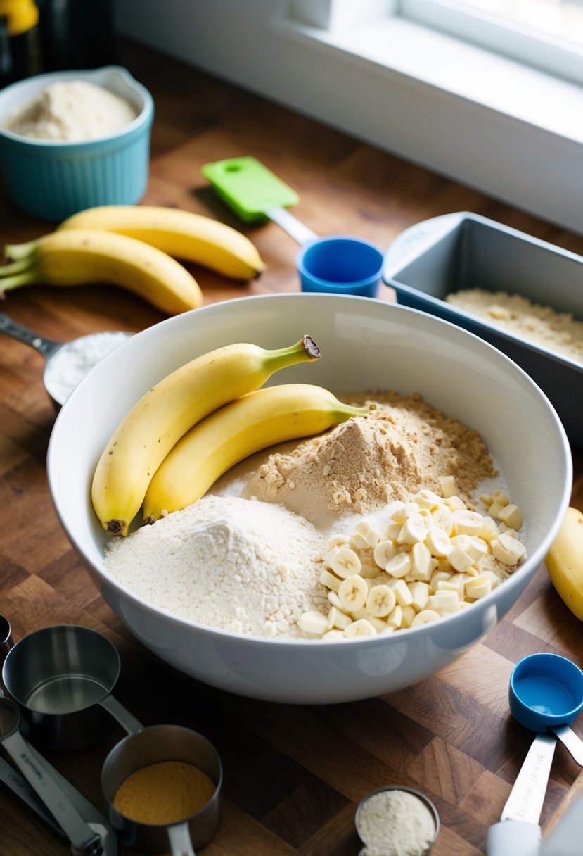 A mixing bowl with ripe bananas, protein powder, and other ingredients, surrounded by measuring cups and a loaf pan on a kitchen counter