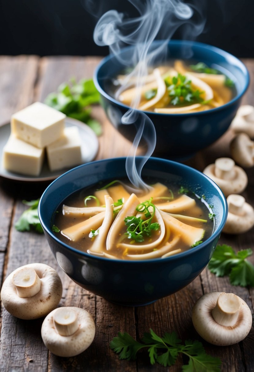 A steaming bowl of enoki mushroom tofu soup sits on a rustic wooden table, surrounded by fresh mushrooms and tofu