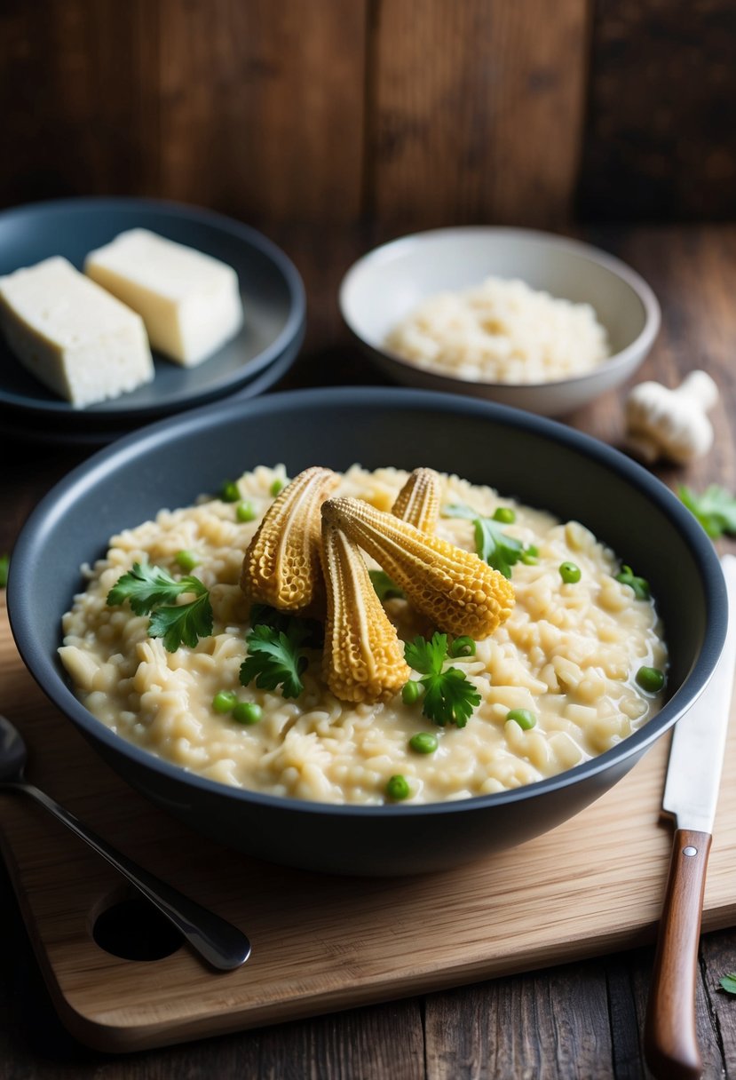 A rustic kitchen with a wooden cutting board, fresh morel mushrooms, tofu, and a simmering pot of creamy risotto