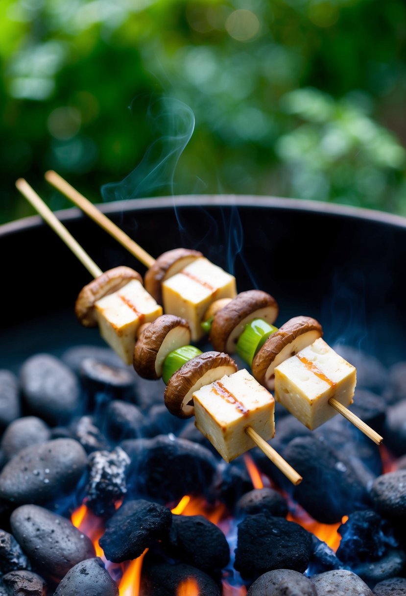 Oyster mushrooms and tofu skewered on bamboo sticks, ready for grilling over a bed of hot coals