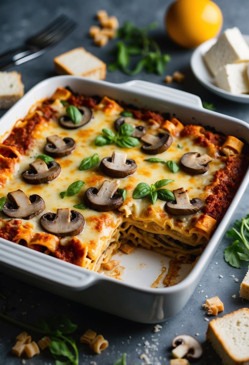 A bubbling lasagna dish filled with layers of cremini mushrooms and tofu, surrounded by scattered recipe ingredients