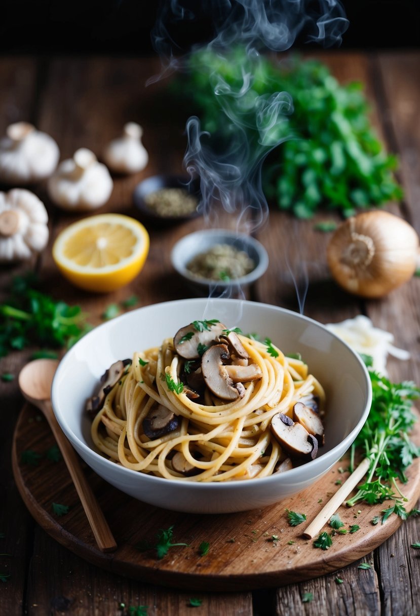 A steaming bowl of porcini mushroom tofu pasta sits on a rustic wooden table, surrounded by fresh ingredients and a sprinkle of herbs