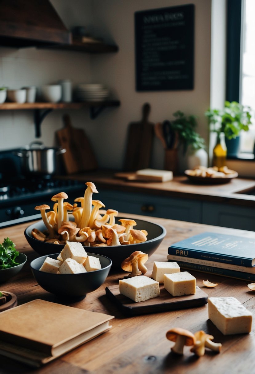 A rustic kitchen counter with fresh chanterelle mushrooms, tofu, and recipe books scattered around