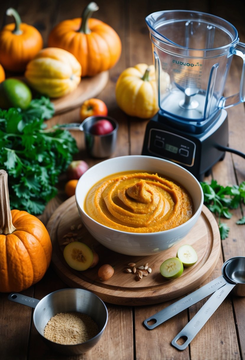 A wooden table with a bowl of pumpkin puree surrounded by fresh fruits and vegetables. A blender and measuring cups sit nearby