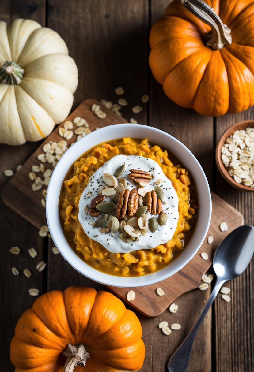 A rustic wooden table with a bowl of creamy pumpkin oatmeal topped with nuts and seeds, surrounded by fresh pumpkins and oats