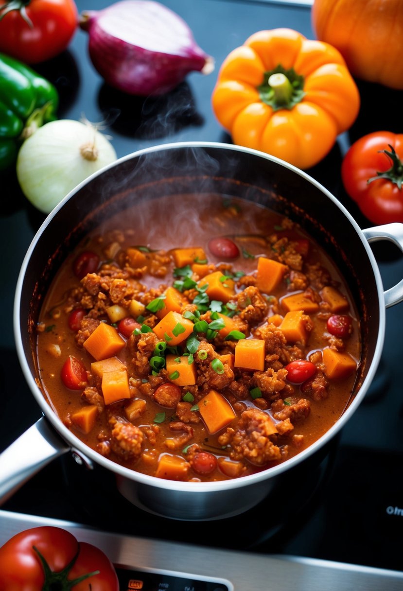 A steaming pot of spicy pumpkin chili simmering on a stovetop, surrounded by fresh ingredients like bell peppers, onions, and tomatoes