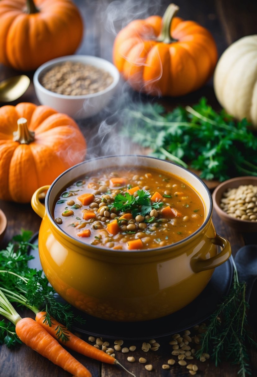 A steaming pot of pumpkin lentil soup surrounded by fresh ingredients like lentils, carrots, and herbs, with a warm, inviting glow