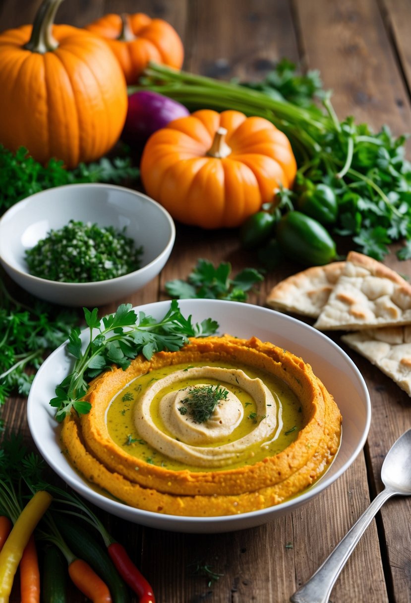 A rustic wooden table with a bowl of creamy pumpkin hummus surrounded by fresh herbs, pita bread, and colorful vegetables