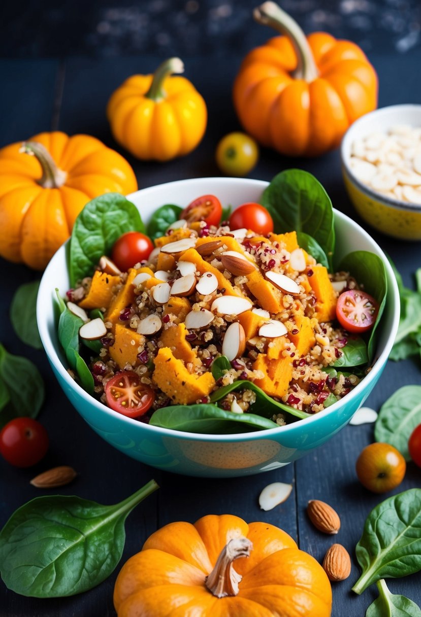 A colorful bowl of pumpkin quinoa salad surrounded by fresh ingredients like spinach, cherry tomatoes, and sliced almonds, with a drizzle of pumpkin puree dressing