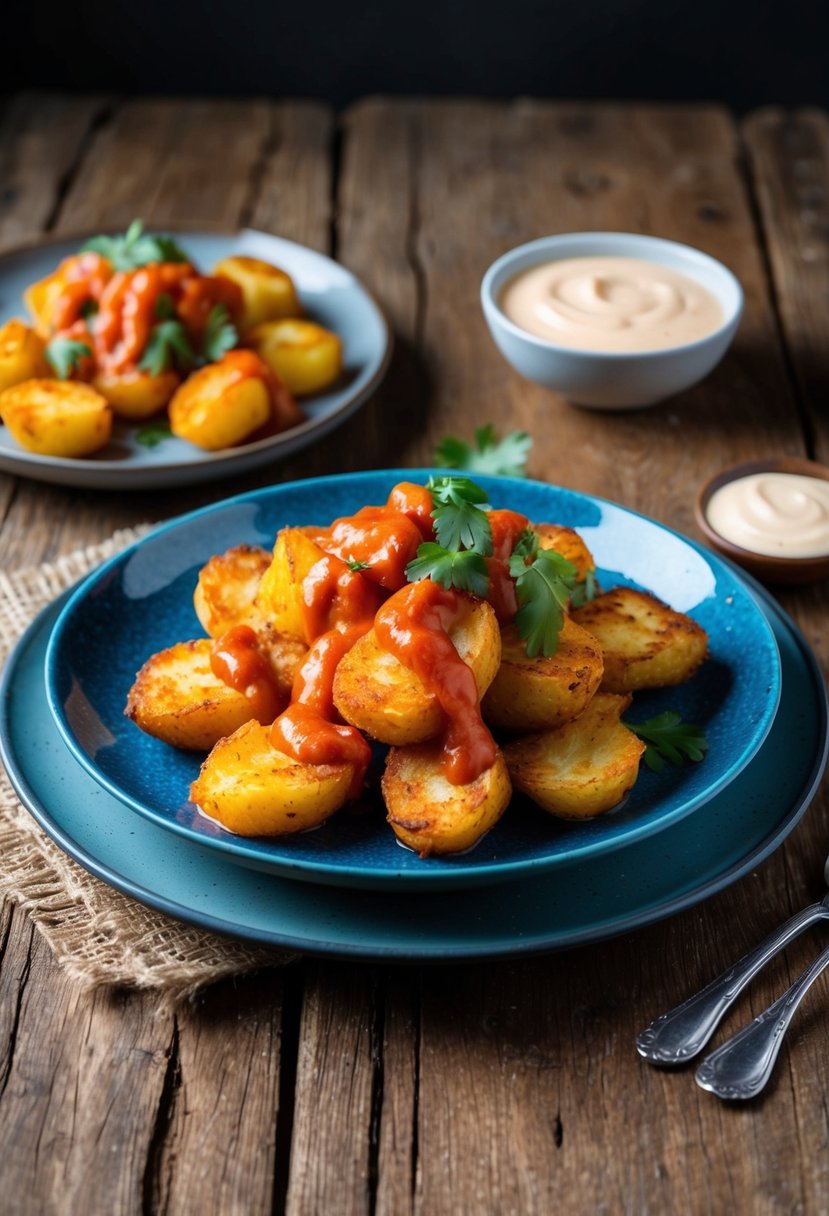 A rustic wooden table set with a plate of golden crispy Patatas Bravas drizzled with spicy tomato sauce and a side of creamy Aioli dip