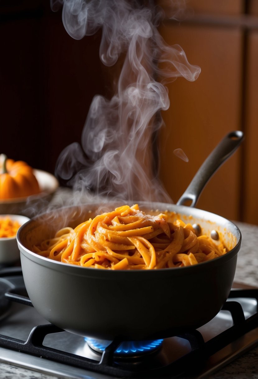 A pot of creamy pumpkin pasta simmers on the stove, steam rising as the rich orange sauce coats the al dente noodles