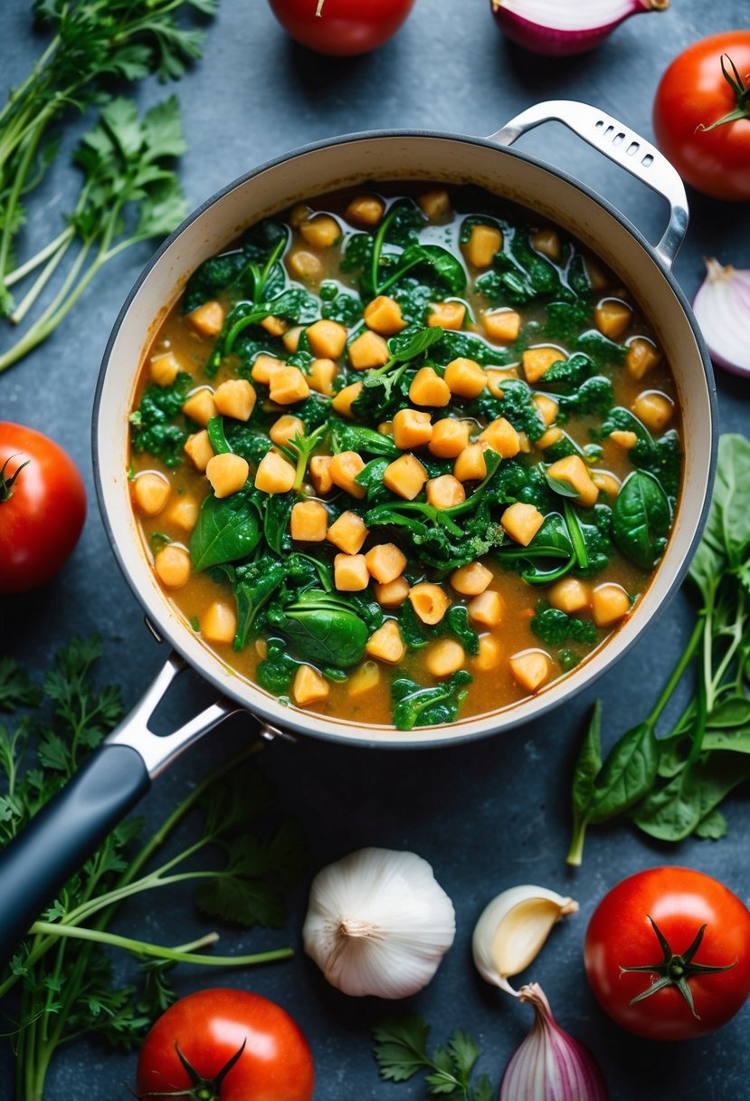 A simmering pot of chickpea and spinach stew surrounded by fresh ingredients like tomatoes, onions, garlic, and herbs