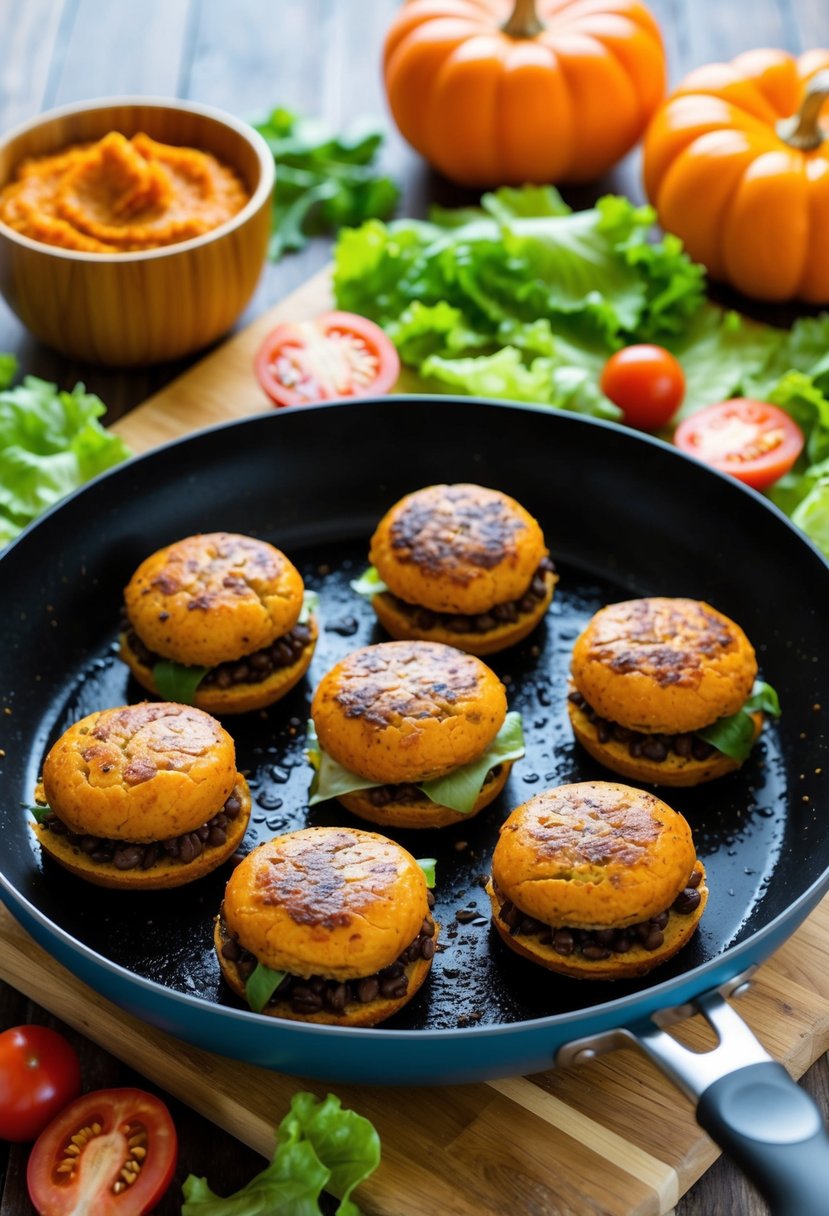 A sizzling pan with pumpkin black bean burgers being cooked, surrounded by fresh ingredients like pumpkin puree, lettuce, and tomatoes