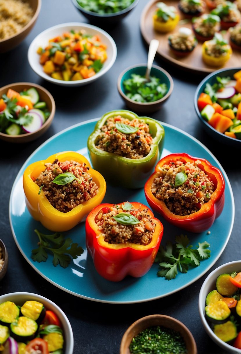 A colorful plate of stuffed bell peppers with quinoa, surrounded by small dishes of assorted vegetarian tapas