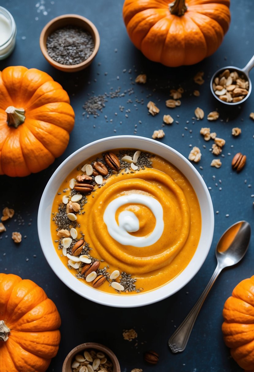 A vibrant orange pumpkin smoothie bowl surrounded by scattered ingredients like chia seeds, nuts, and granola, with a decorative swirl of yogurt on top