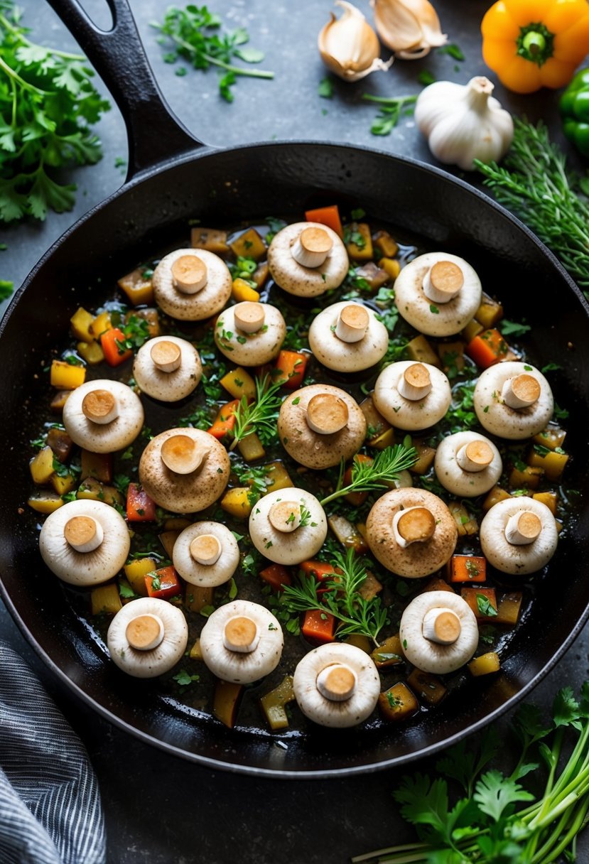 A sizzling skillet of garlic mushrooms, surrounded by colorful vegetables and herbs, ready to be served as a delicious vegetarian tapas dish