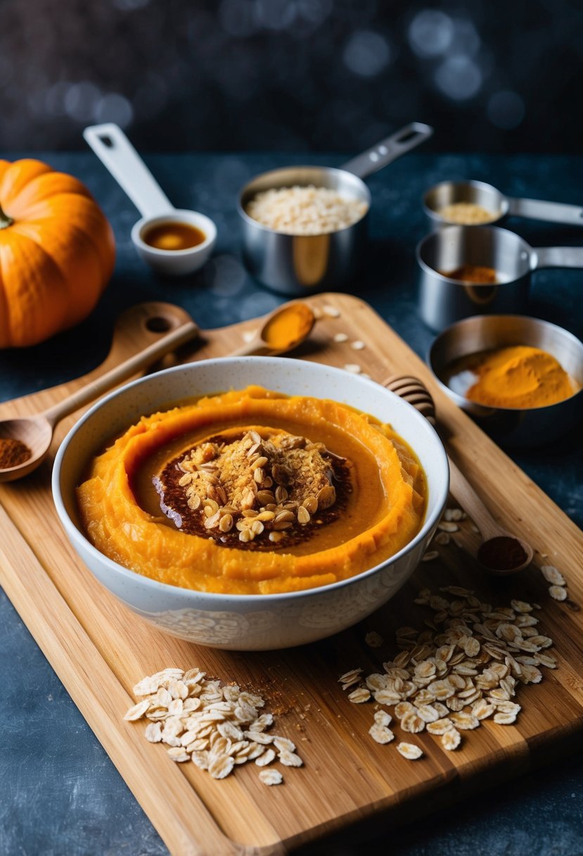 A wooden cutting board with a bowl of pumpkin puree, oats, honey, and spices surrounded by measuring cups and spoons