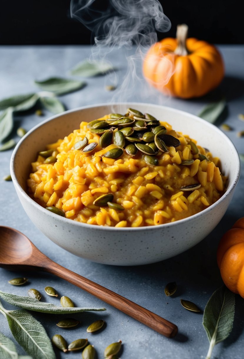 A steaming bowl of creamy pumpkin risotto topped with roasted pumpkin seeds, surrounded by scattered sage leaves and a rustic wooden spoon