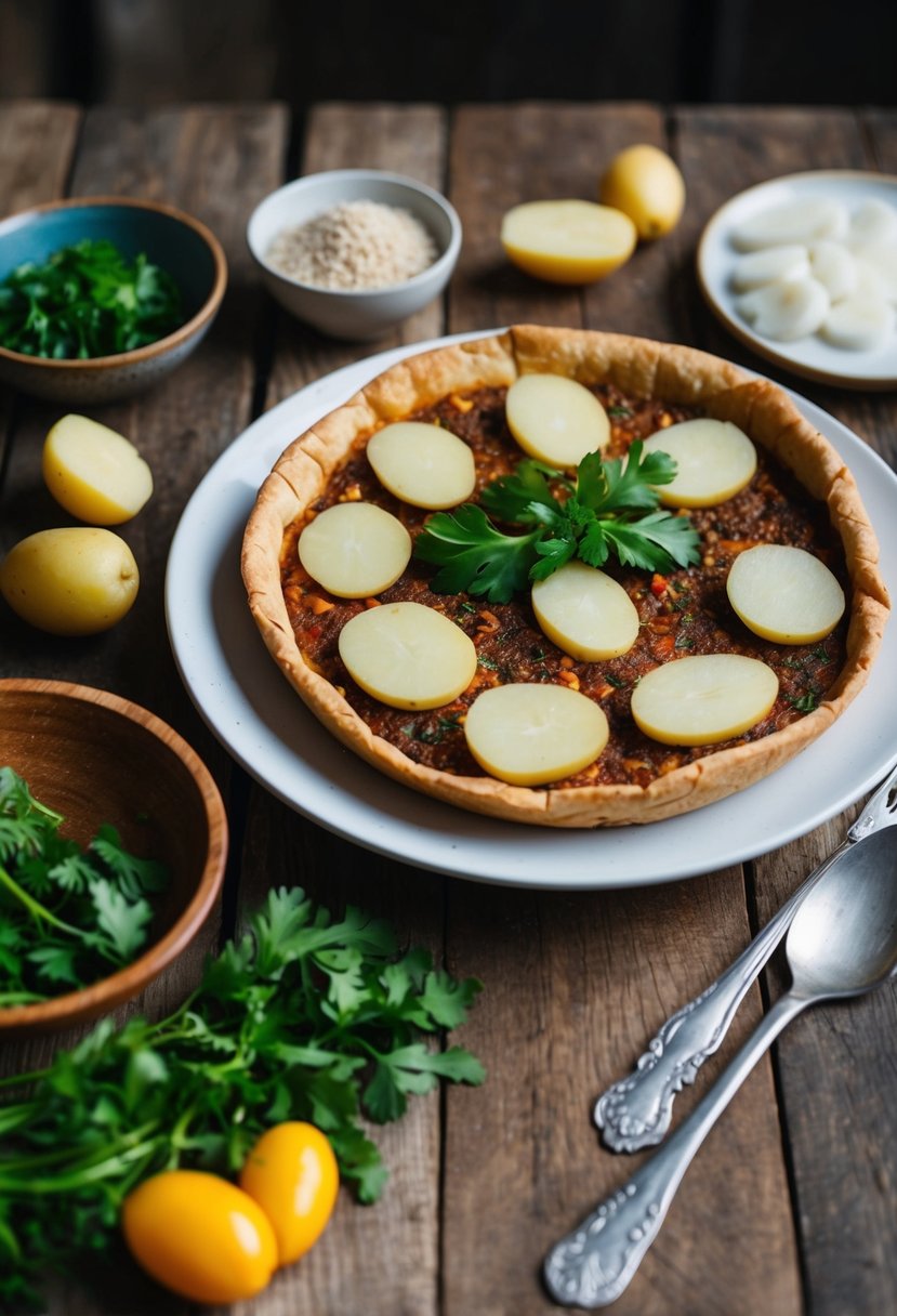 A rustic wooden table set with a plate of Spanish tortilla, sliced potatoes, and other ingredients for making vegetarian tapas