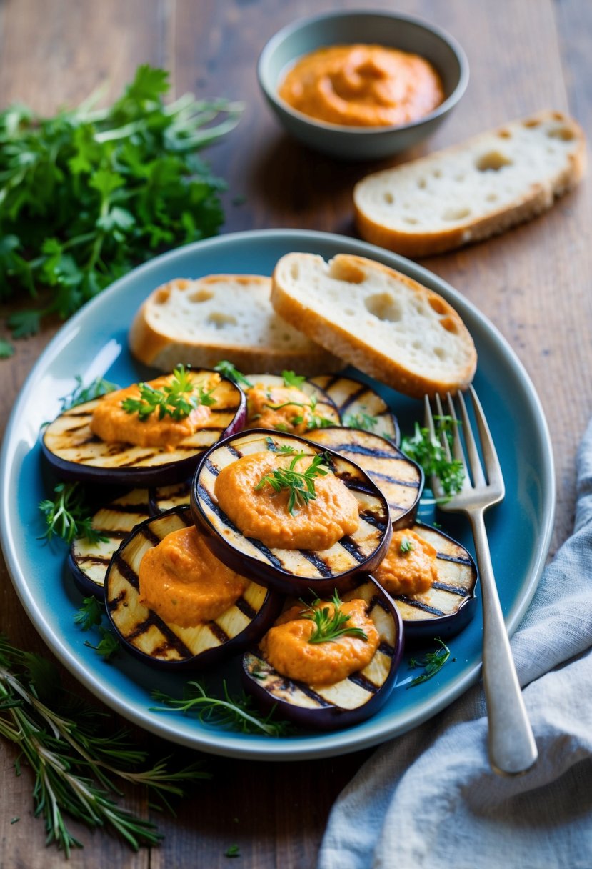 A platter of grilled eggplant slices topped with romesco sauce, garnished with fresh herbs and served alongside crusty bread