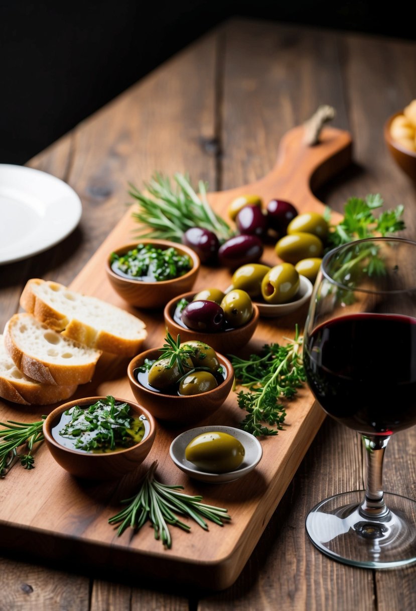 A rustic wooden board displays a variety of marinated olives with fresh herbs, accompanied by crusty bread and a glass of red wine