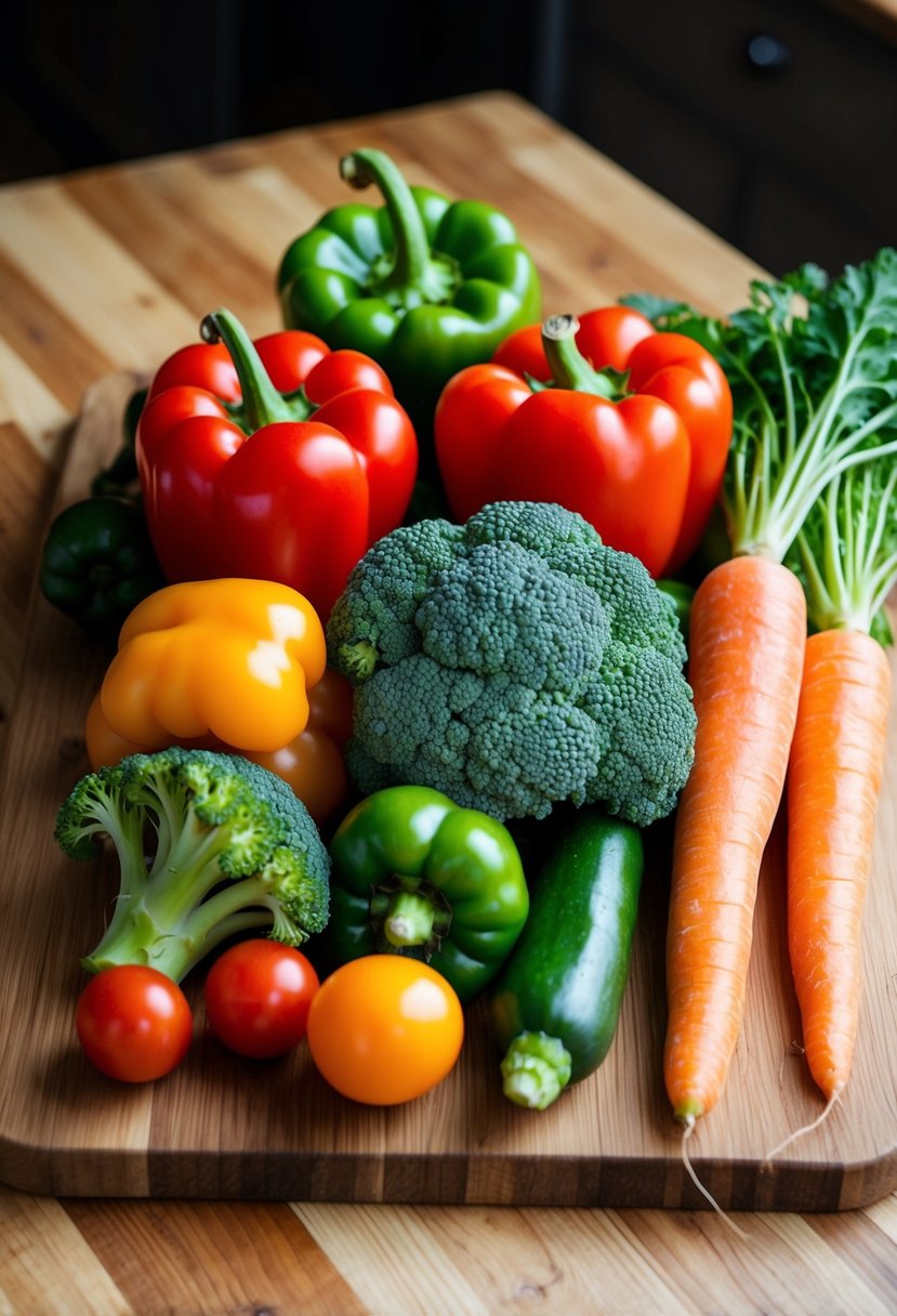 A colorful array of fresh vegetables, including tomatoes, bell peppers, broccoli, and carrots, arranged on a wooden cutting board