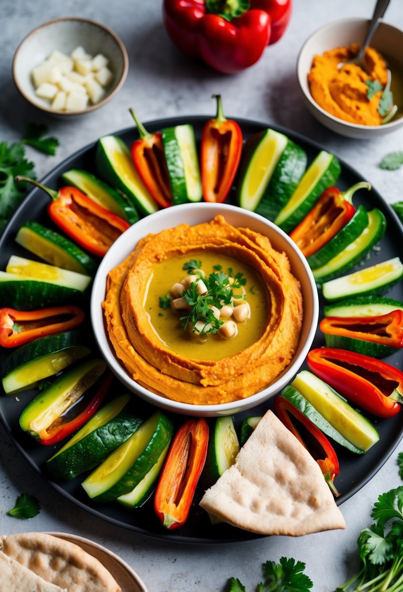 A platter of roasted red pepper hummus tapas surrounded by fresh vegetables and pita bread