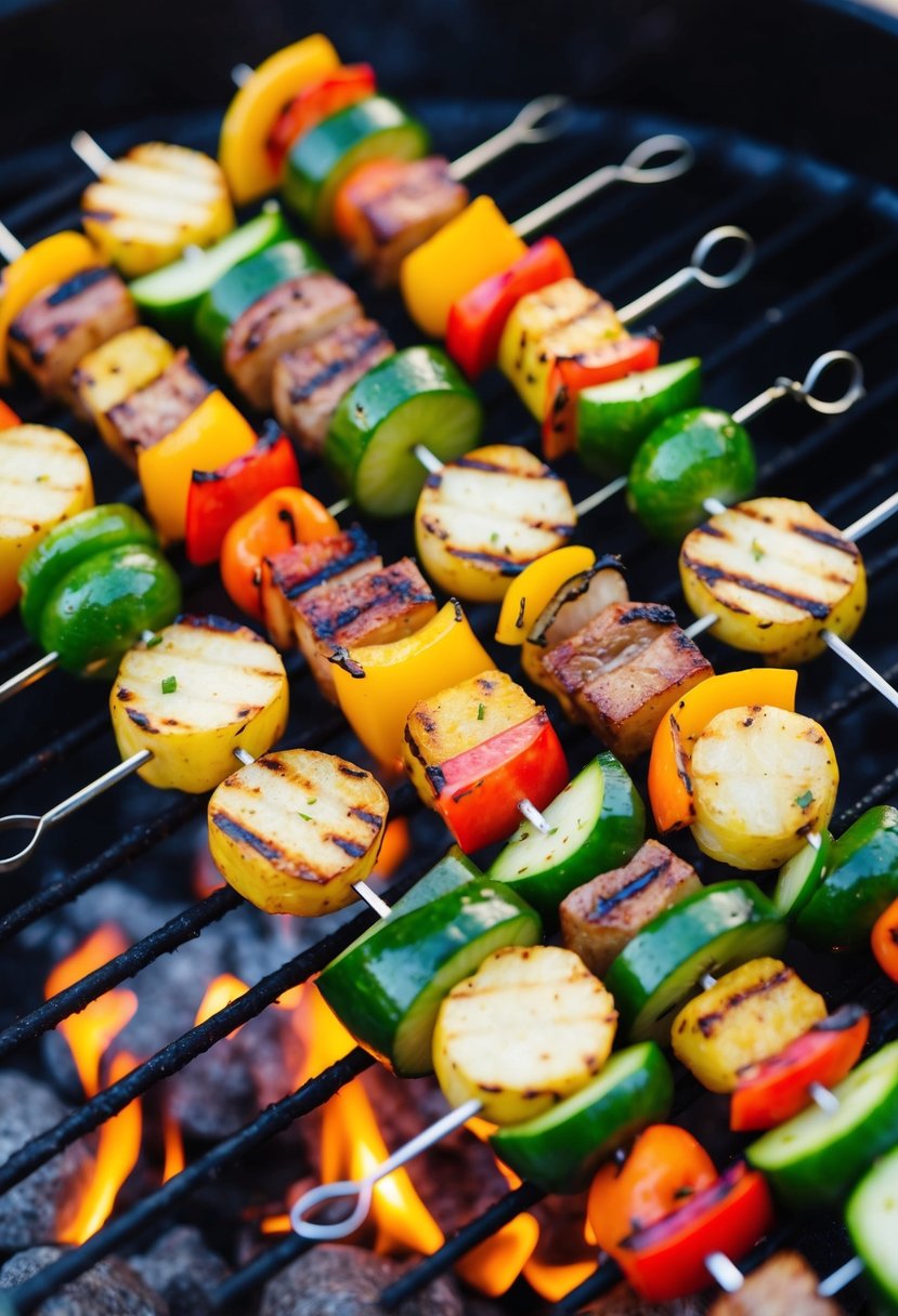 A colorful assortment of grilled vegetables arranged on skewers, sizzling over an open flame