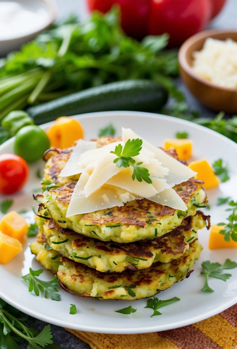 A plate of golden zucchini fritters topped with shaved Manchego cheese, surrounded by fresh herbs and colorful vegetables