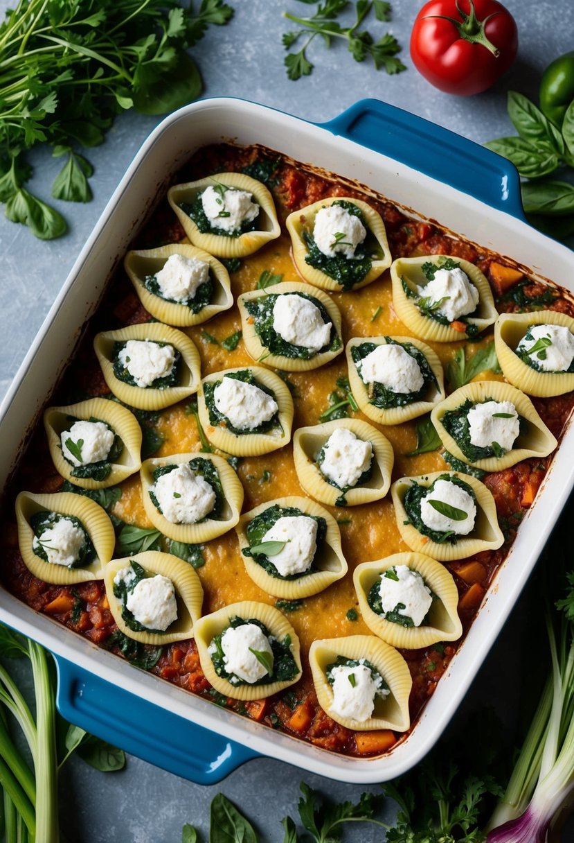 A baking dish filled with spinach and ricotta stuffed shells, surrounded by fresh vegetables and herbs