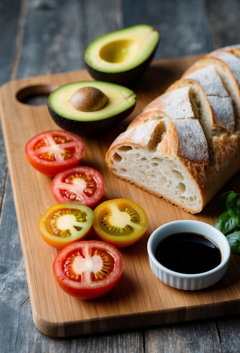 A wooden cutting board with sliced tomatoes and avocados, a loaf of crusty bread, and a small dish of olive oil and balsamic vinegar