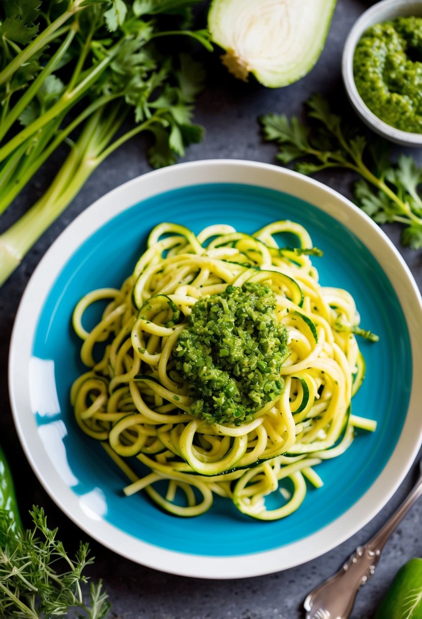 A colorful plate of zucchini noodles topped with vibrant green pesto, surrounded by fresh vegetables and herbs