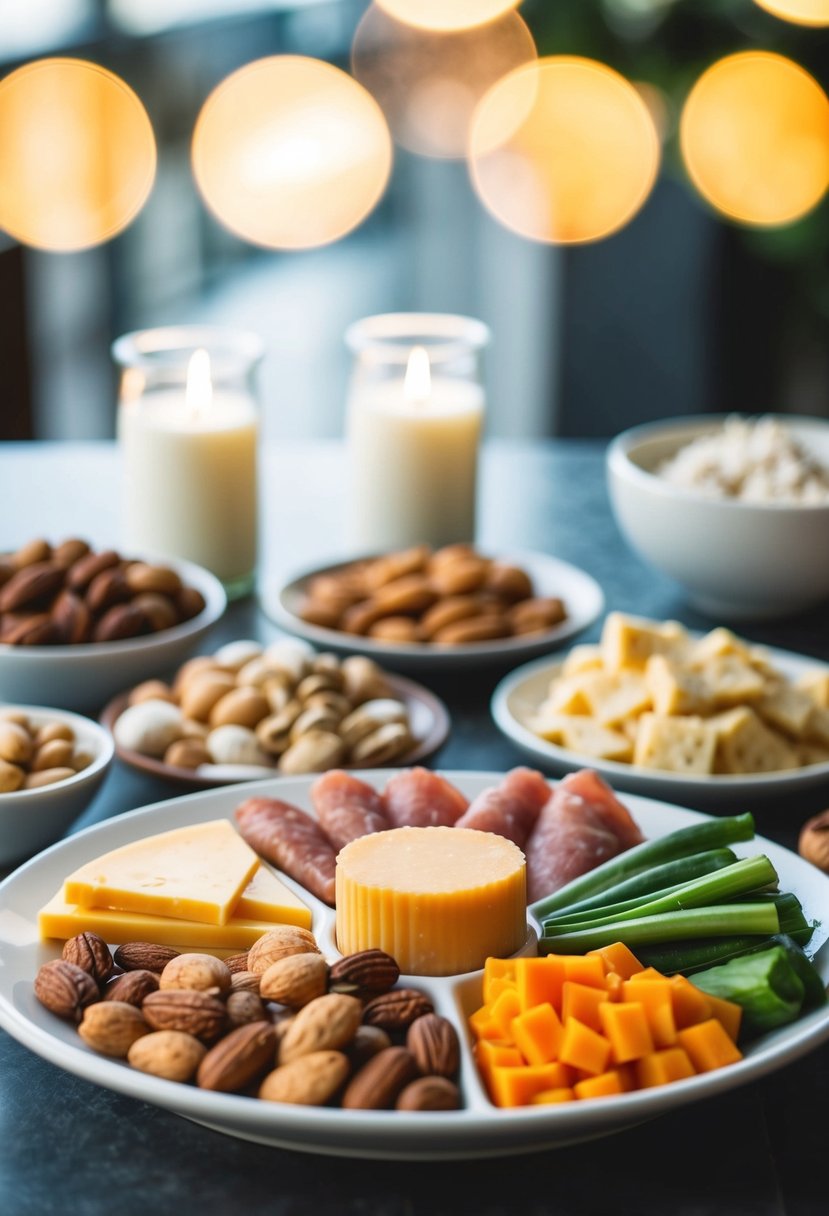 A table with assorted low carb, high protein snacks: nuts, cheese, vegetables, and lean meats