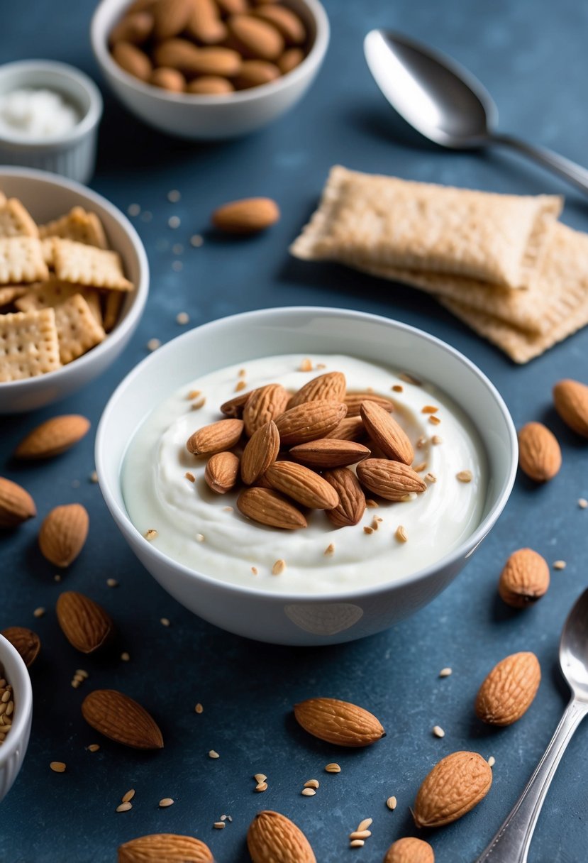 A bowl of Greek yogurt topped with almonds and surrounded by low-carb, high-protein snack ingredients