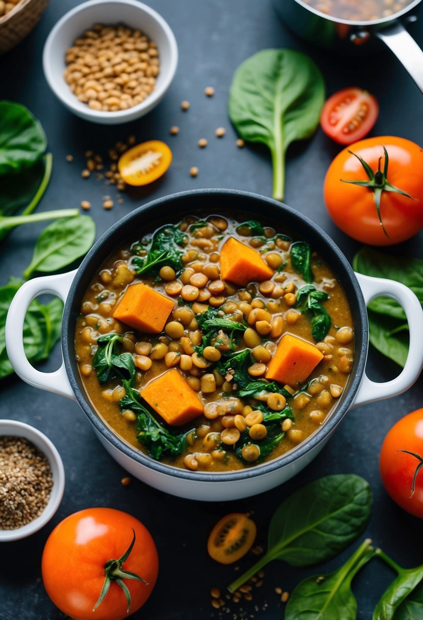 A steaming pot of lentil and sweet potato curry surrounded by vibrant, fresh ingredients like spinach, tomatoes, and spices