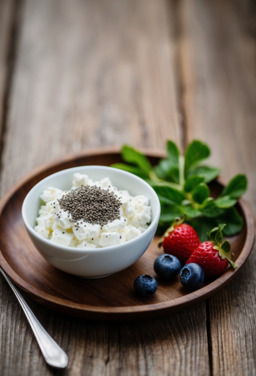 A small bowl of cottage cheese topped with chia seeds sits on a wooden table next to a handful of fresh berries