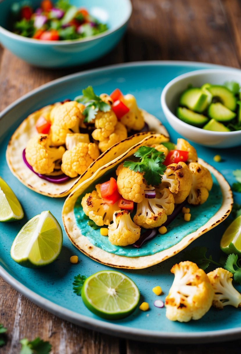 A colorful plate of roasted cauliflower tacos with various fresh toppings on a rustic wooden table