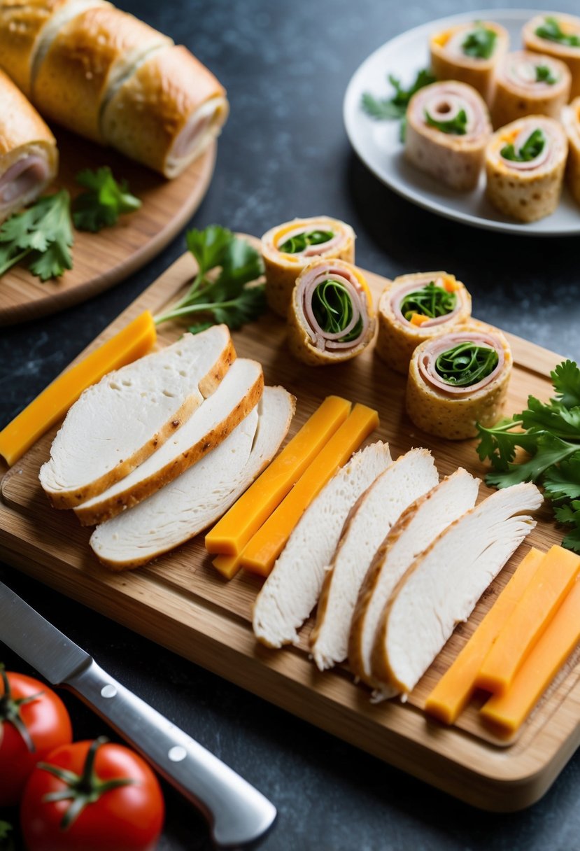 Sliced turkey, cheese, and vegetables arranged on a cutting board with a knife and a plate of finished roll-ups