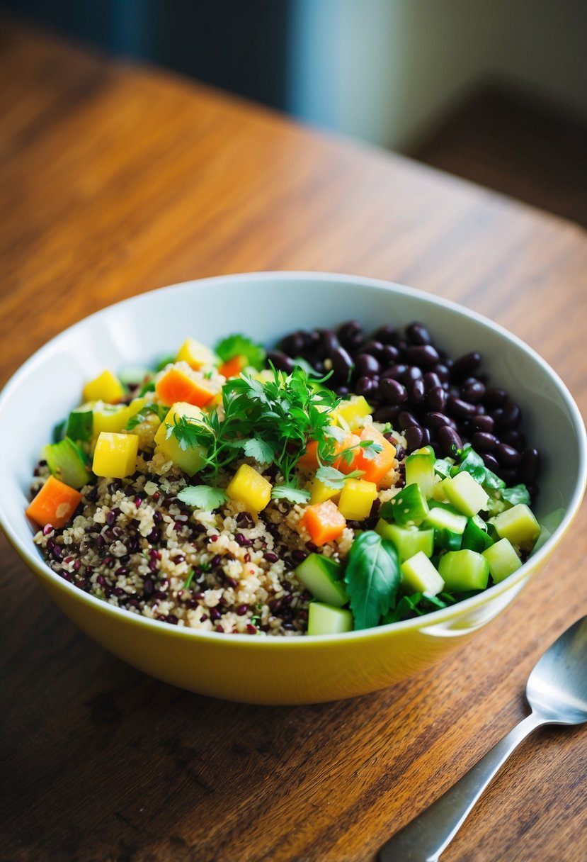 A colorful bowl filled with quinoa, black beans, diced vegetables, and fresh herbs, topped with a light vinaigrette, sits on a wooden table