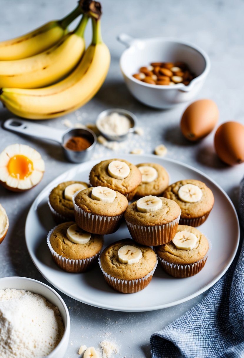 A plate of almond flour banana muffins surrounded by ingredients like bananas, almond flour, and eggs. A measuring cup and mixing bowl sit nearby