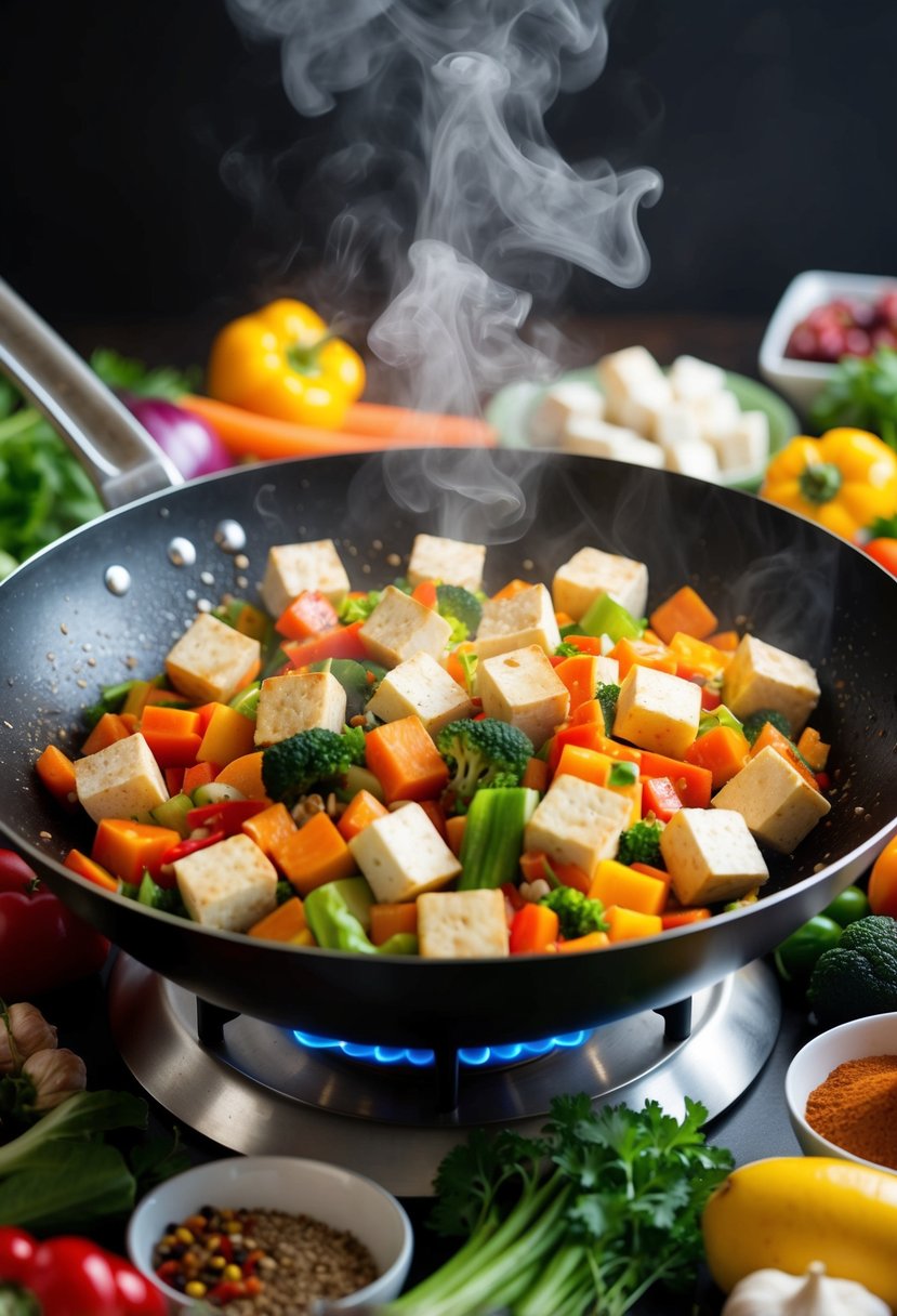 A sizzling wok filled with colorful vegetables and cubes of tofu, steam rising, surrounded by an array of fresh produce and spices