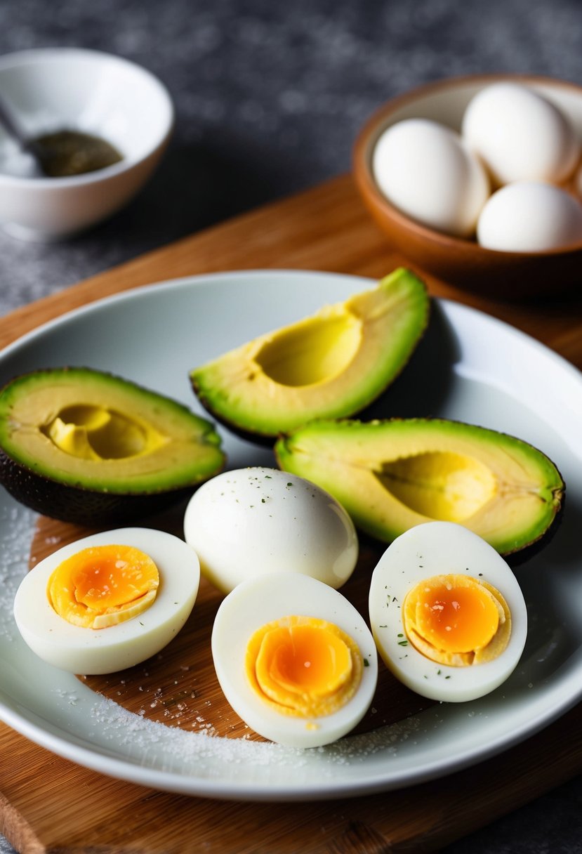 A plate of hard-boiled eggs and sliced avocado on a wooden cutting board, with a sprinkle of salt and pepper