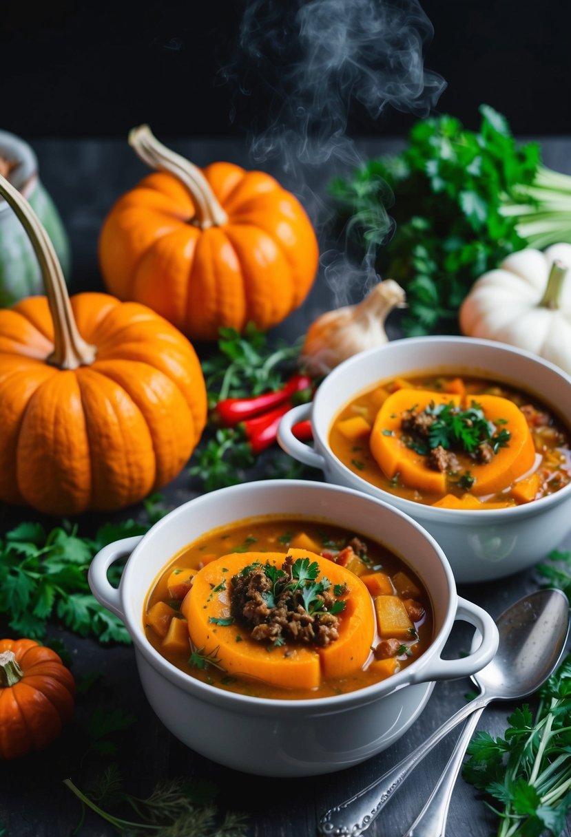 A steaming pot of pumpkin stew surrounded by fresh vegetables and herbs