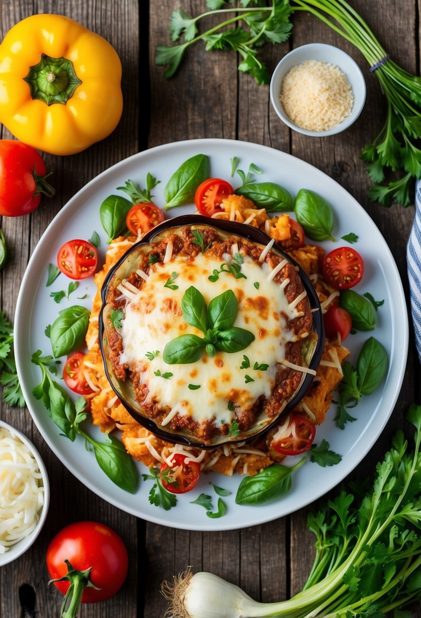 A colorful plate of eggplant parmesan surrounded by fresh vegetables and herbs on a rustic wooden table