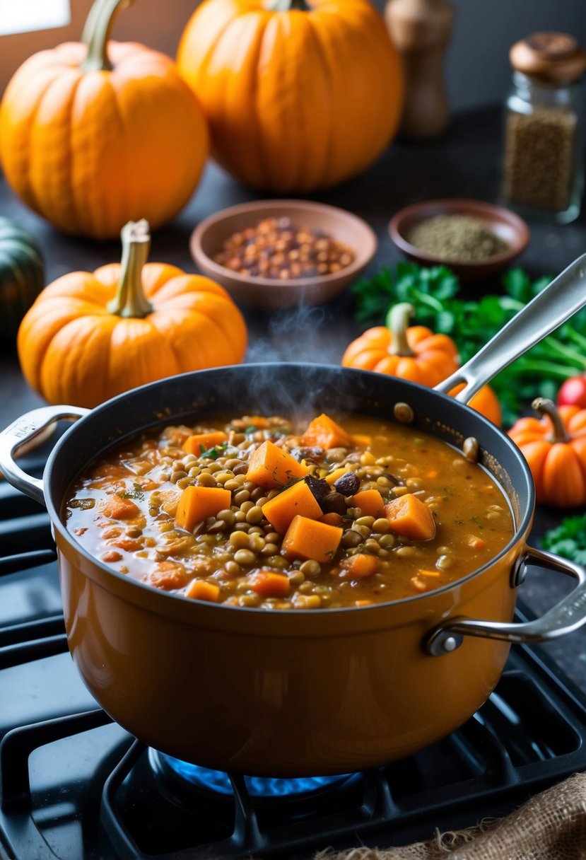 A bubbling pot of pumpkin lentil stew simmers on a rustic stovetop, surrounded by colorful vegetables and aromatic spices