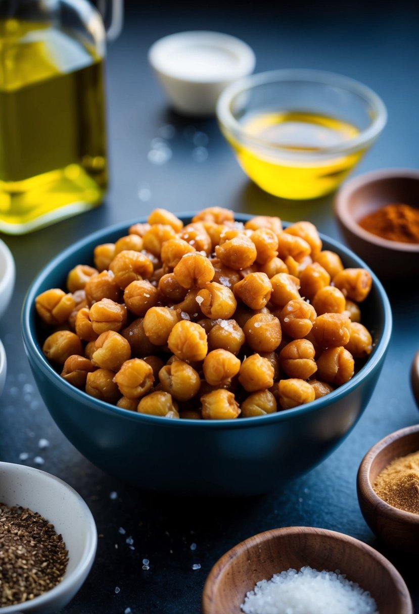 A bowl of roasted chickpeas surrounded by ingredients like olive oil, sea salt, and spices